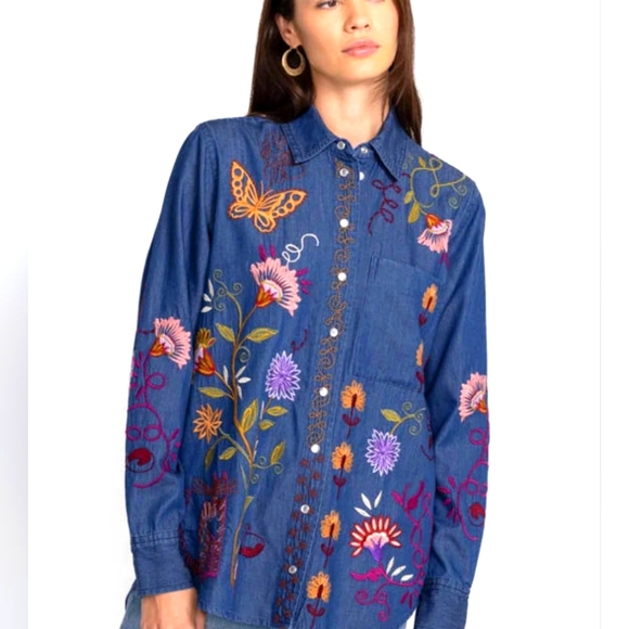 Johnny Was Toni Relaxed Fit Denim Shirt Heavy Embroidery Pear Snap Western XXS - Picture 2 of 15